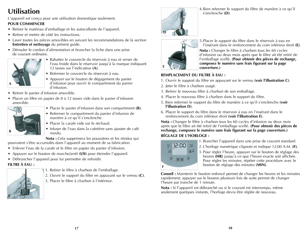 Black & Decker CMD3400MBC manual Utilisation, Pour Commencer, Remplacement DU Filtre À EAU, Réglage DE L’HORLOGE 