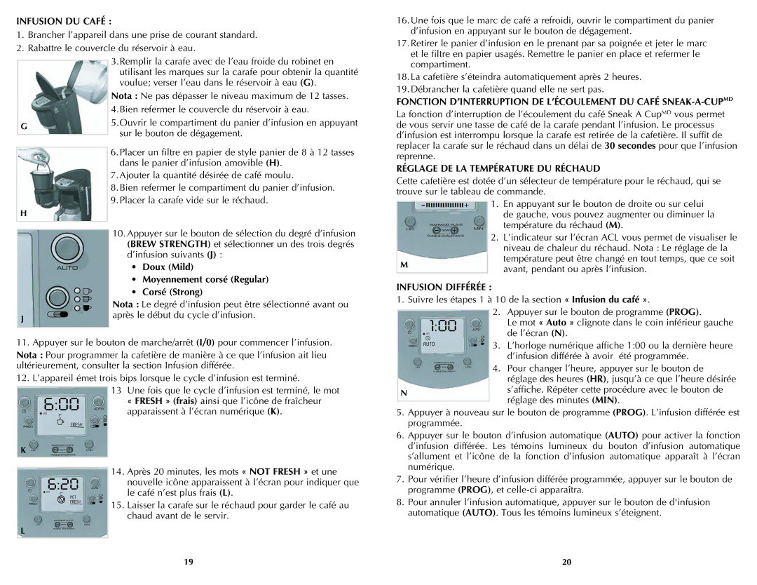 Black & Decker CMD3400MBC manual Infusion DU Café, Réglage DE LA Température DU Réchaud, Infusion Différée 