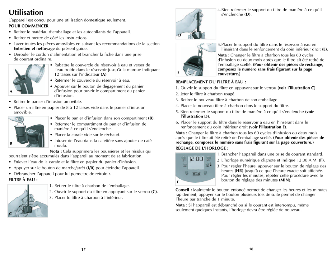 Black & Decker CMD3400MBC manual Utilisation, 1200, Pour Commencer, Nota Changer le filtre à charbon tous les 60 cycles 