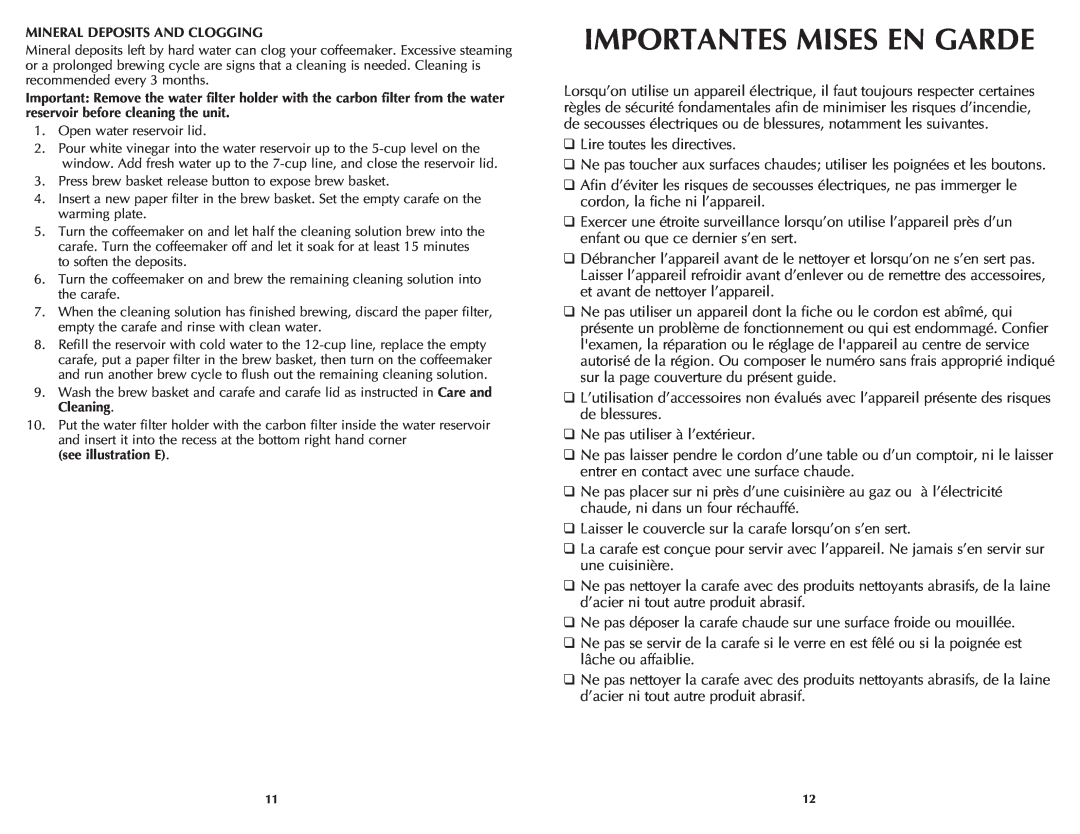 Black & Decker CMD3400MBC manual Importantes Mises En Garde, Mineral Deposits And Clogging, see illustration E 