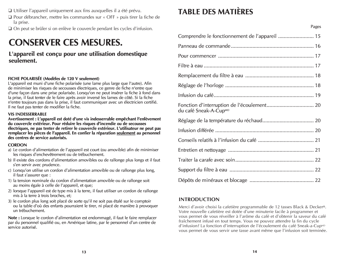 Black & Decker CMD3400MBC manual Conserver Ces Mesures, Table Des Matières, Introduction 