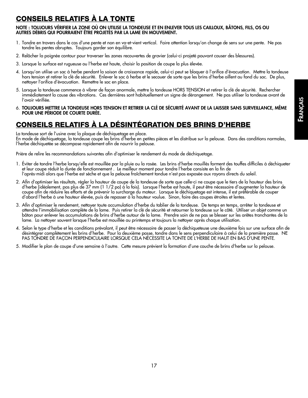 Black & Decker CMM1000 Conseils Relatifs À LA Tonte, Conseils Relatifs À LA Désintégration DES Brins D’HERBE 