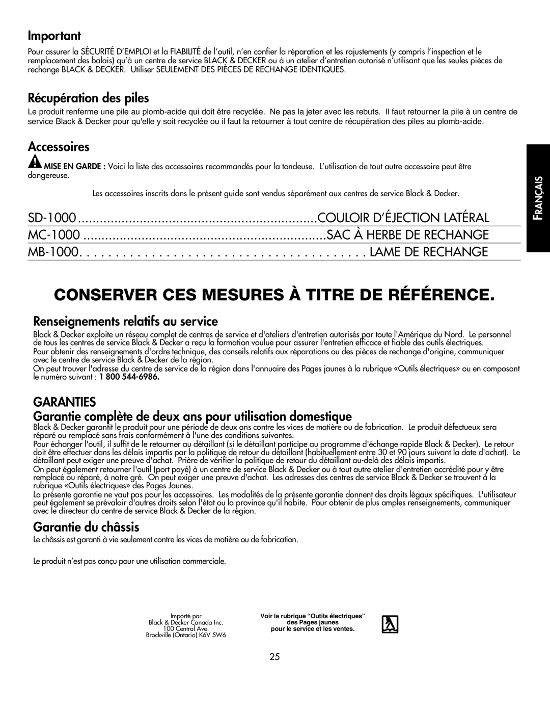 Black & Decker CMM1000 instruction manual Conserver CES Mesures À Titre DE Référence 