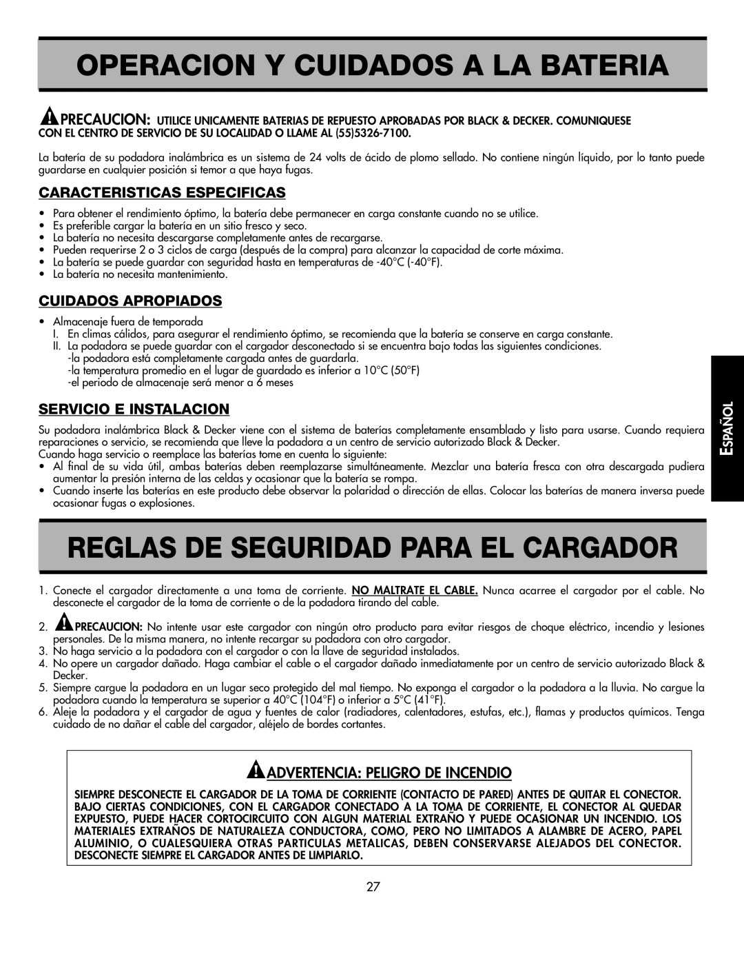 Black & Decker CMM1000 instruction manual Operacion Y Cuidados a LA Bateria, Reglas DE Seguridad Para EL Cargador 