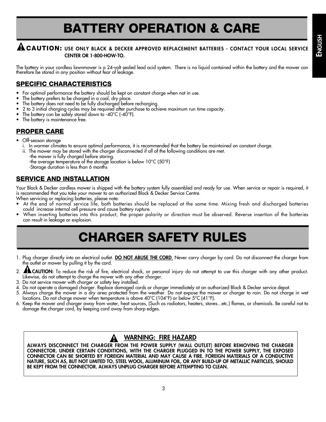 Black & Decker CMM1000 instruction manual Battery Operation & Care, Charger Safety Rules 