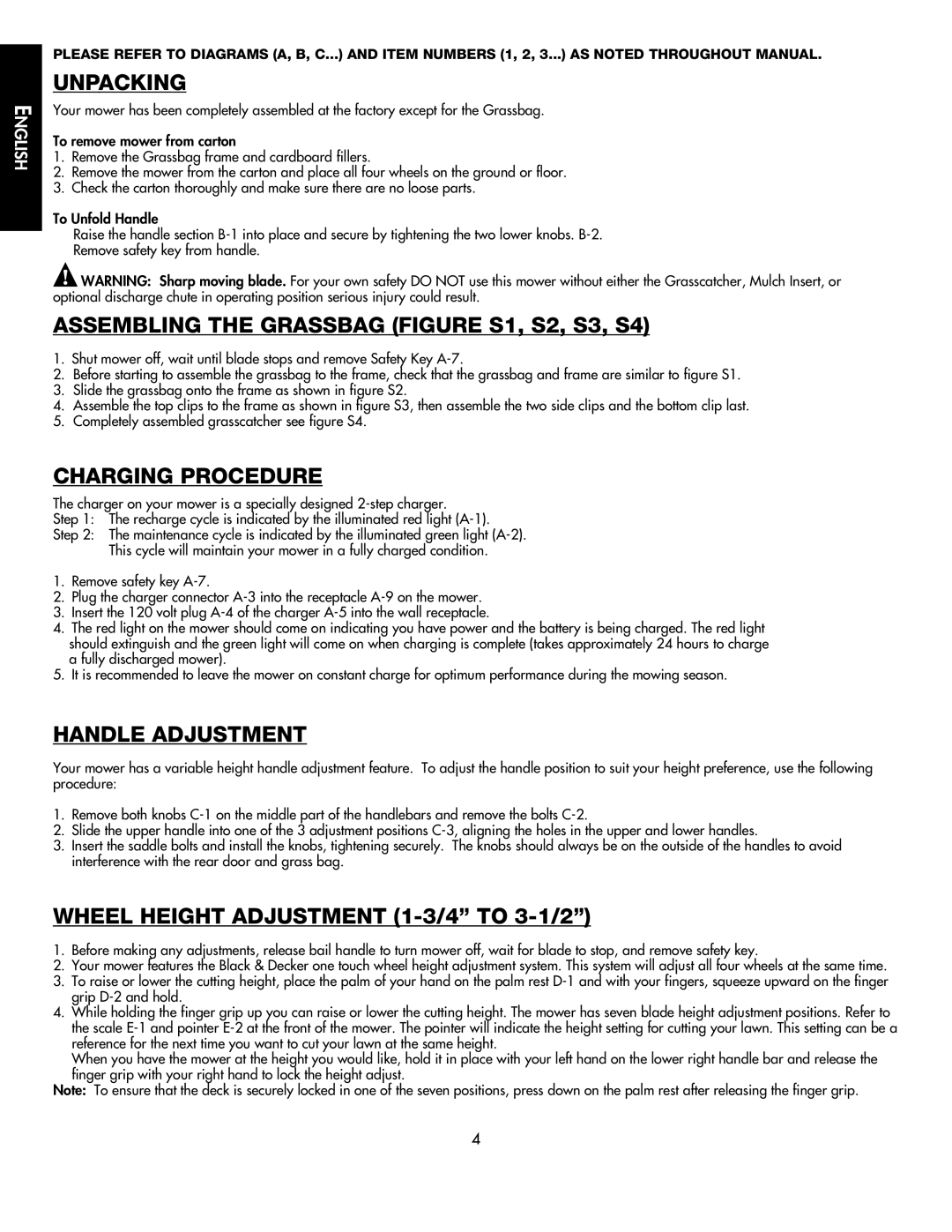 Black & Decker CMM1000 Unpacking, Assembling the Grassbag Figure S1, S2, S3, S4, Charging Procedure, Handle Adjustment 