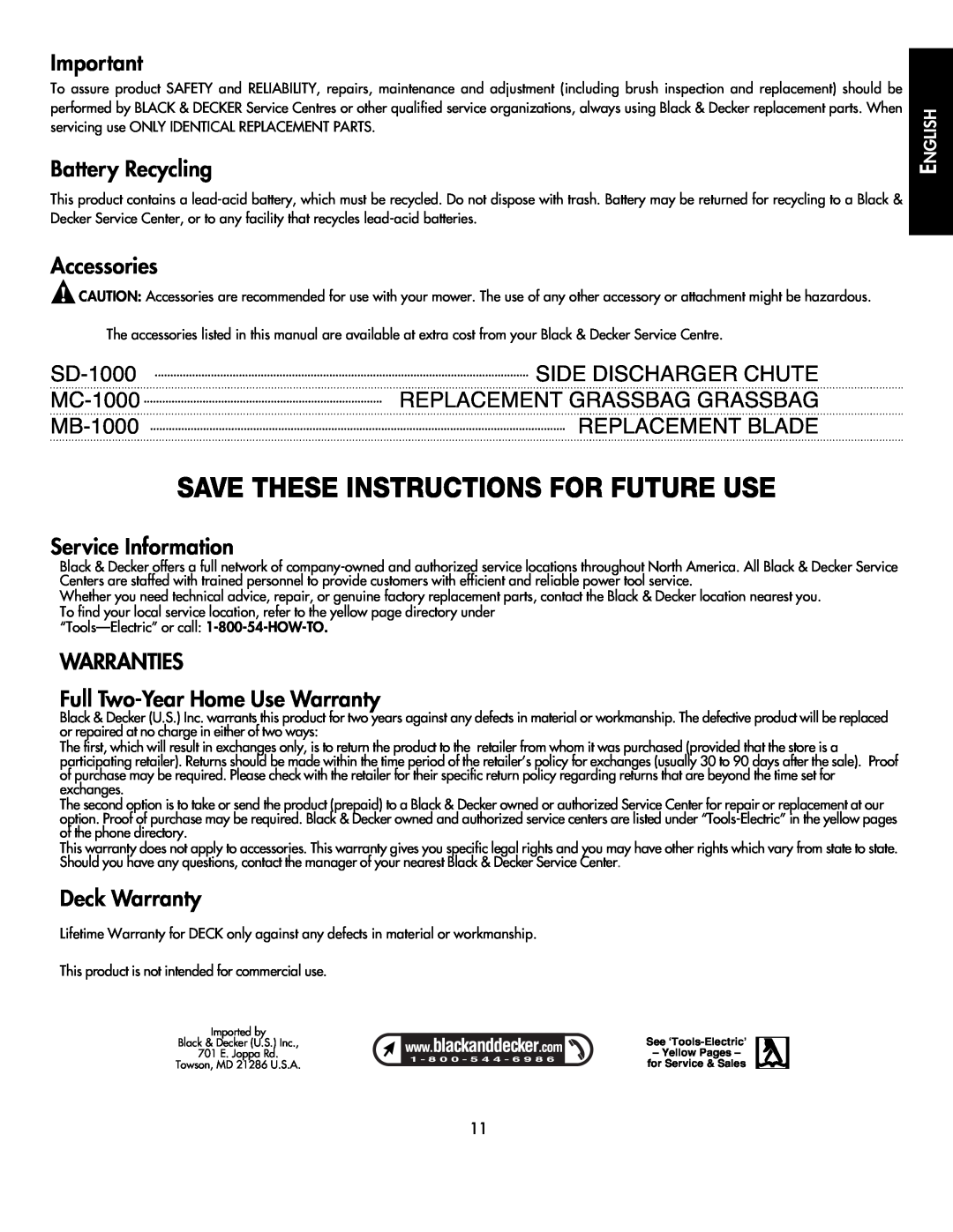 Black & Decker CMM1000 Save These Instructions For Future Use, Battery Recycling, Accessories, Service Information 