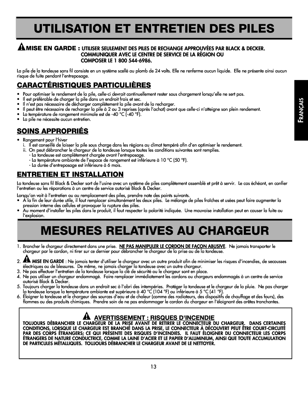 Black & Decker CMM1000 Utilisation Et Entretien Des Piles, Mesures Relatives Au Chargeur, Caractéristiques Particulières 