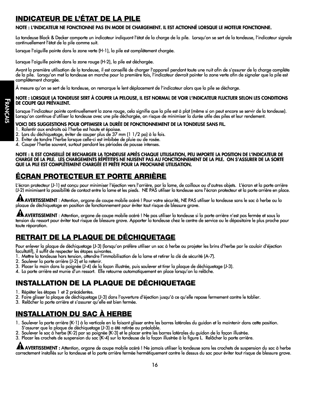 Black & Decker CMM1000 Indicateur De L’État De La Pile, Écran Protecteur Et Porte Arrière, Installation Du Sac À Herbe 