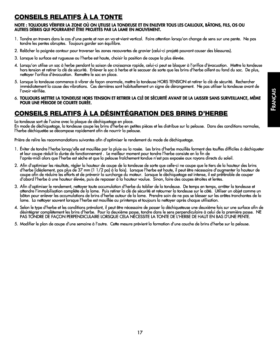 Black & Decker CMM1000 Conseils Relatifs À La Tonte, Conseils Relatifs À La Désintégration Des Brins D’Herbe, Français 