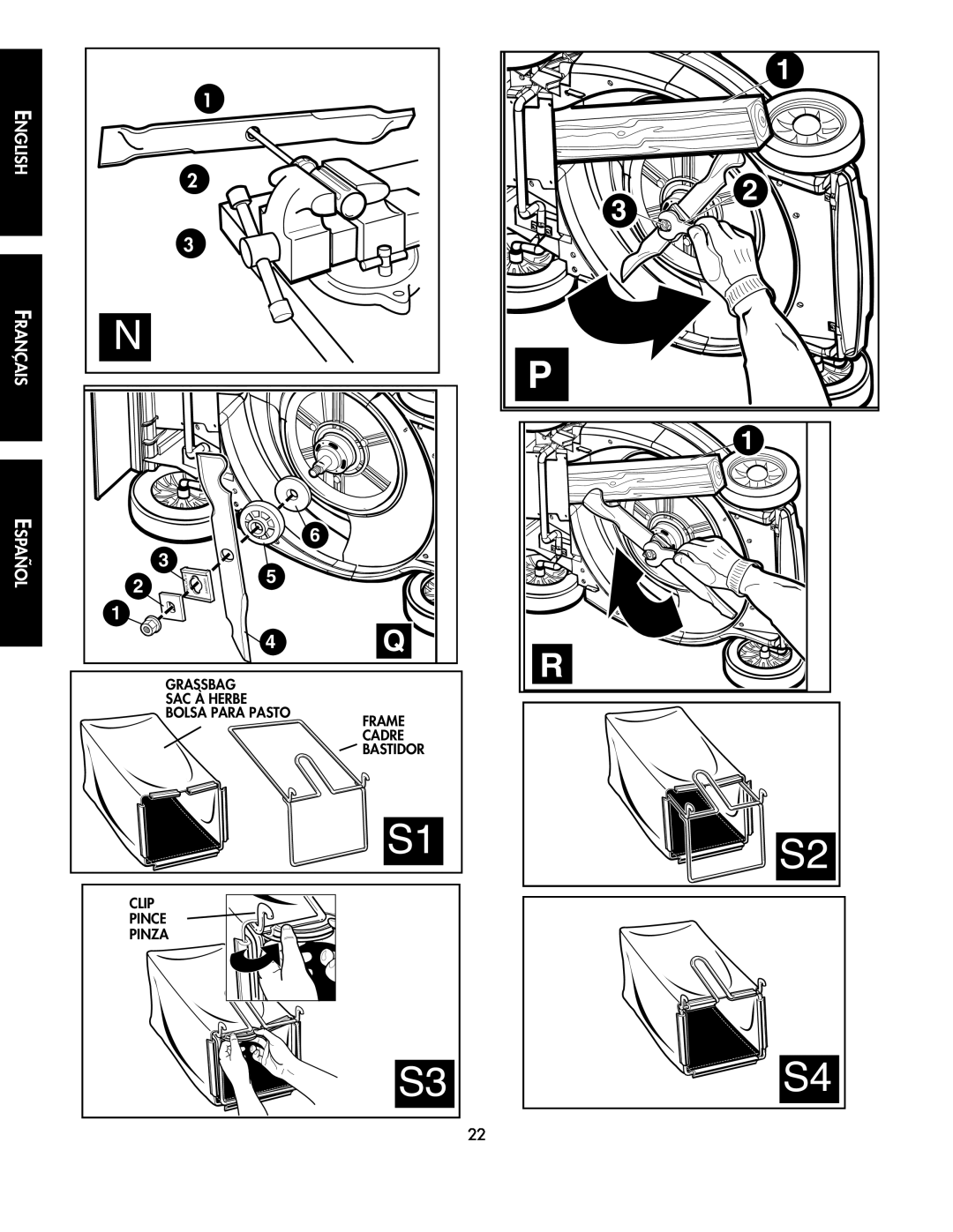 Black & Decker CMM1000 instruction manual Français, English, Español, Replace, Sac À Herbe Bolsa Para Pasto, Frame Cadre 