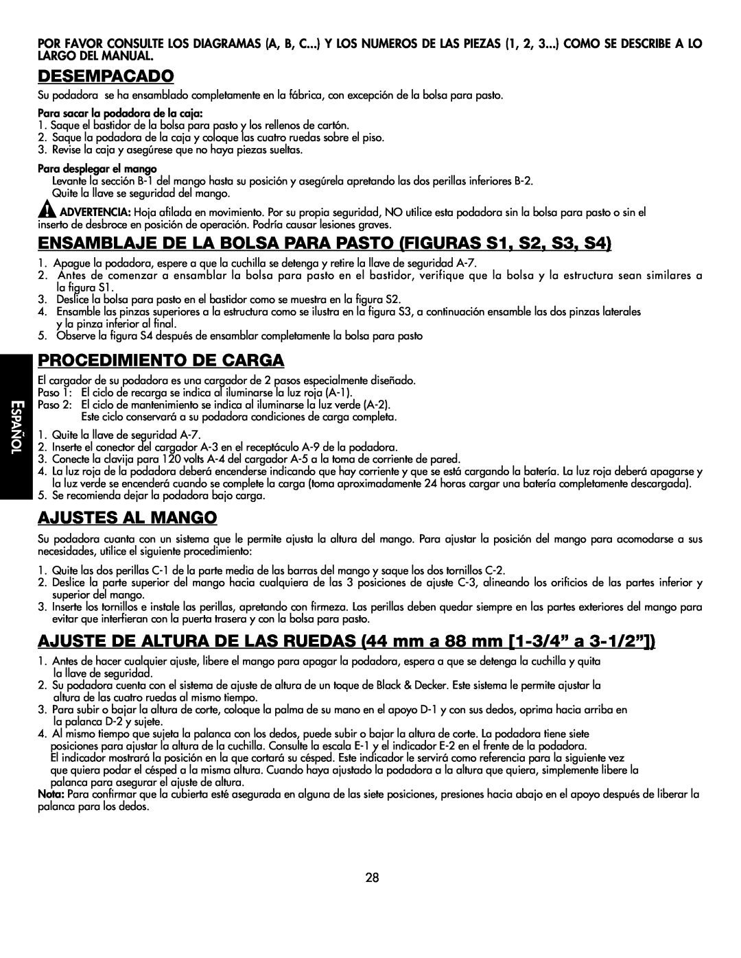 Black & Decker CMM1000 Desempacado, ENSAMBLAJE DE LA BOLSA PARA PASTO FIGURAS S1, S2, S3, S4, Procedimiento De Carga 