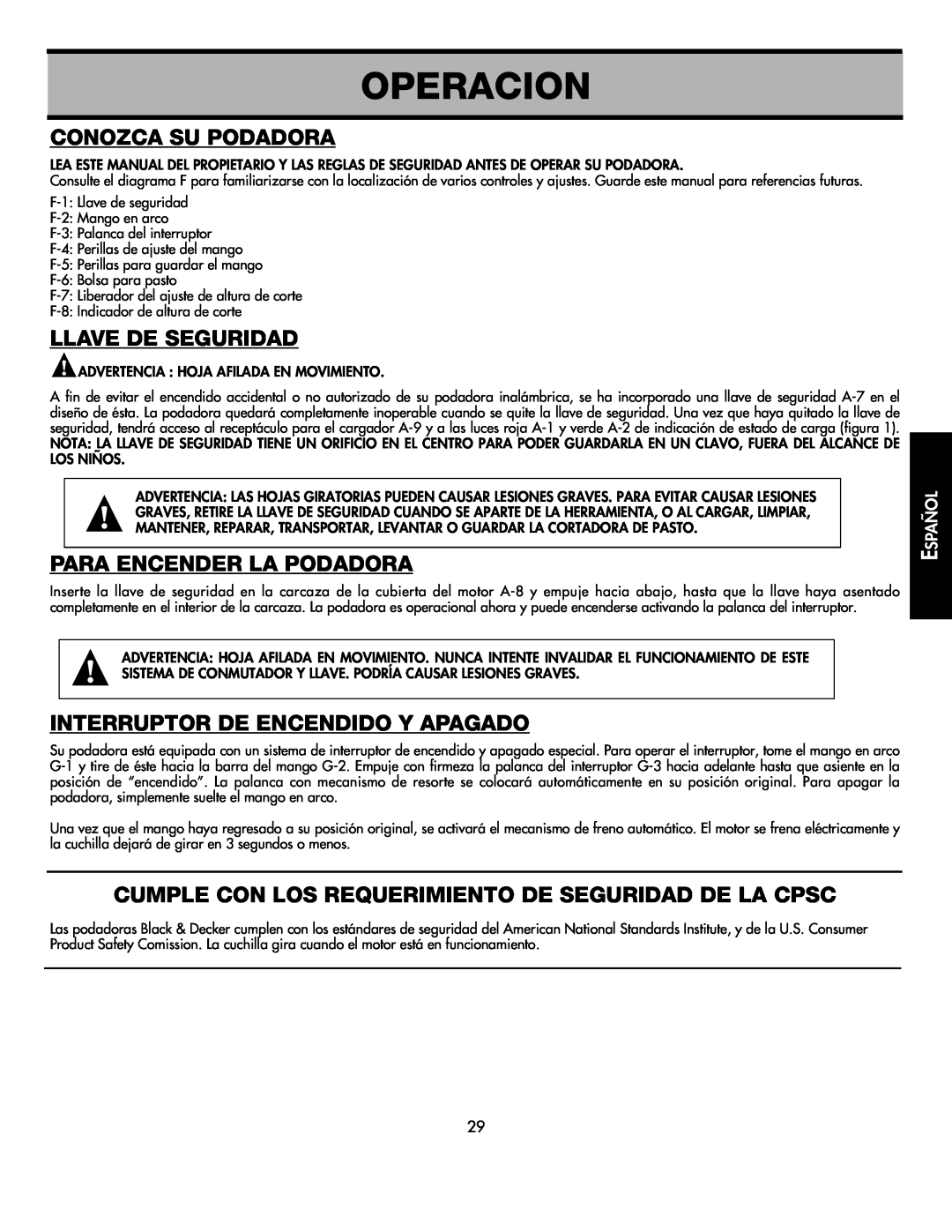 Black & Decker CMM1000 Operacion, Conozca Su Podadora, Llave De Seguridad, Para Encender La Podadora, Español 