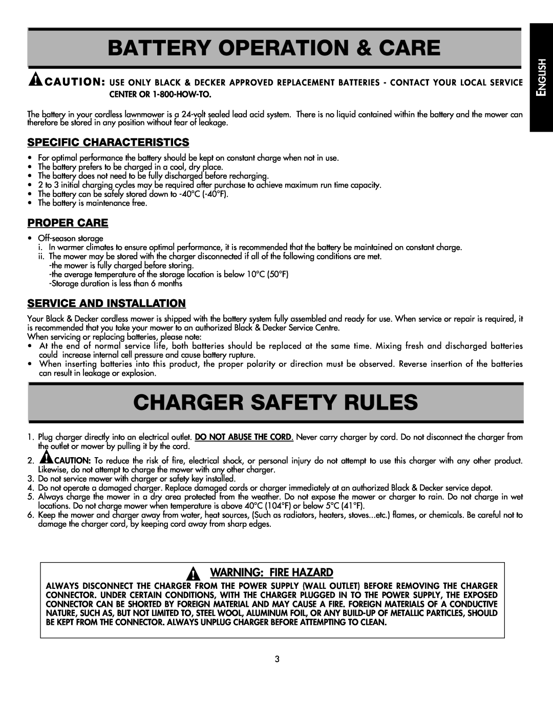 Black & Decker CMM1000 Battery Operation & Care, Charger Safety Rules, Specific Characteristics, Proper Care, English 