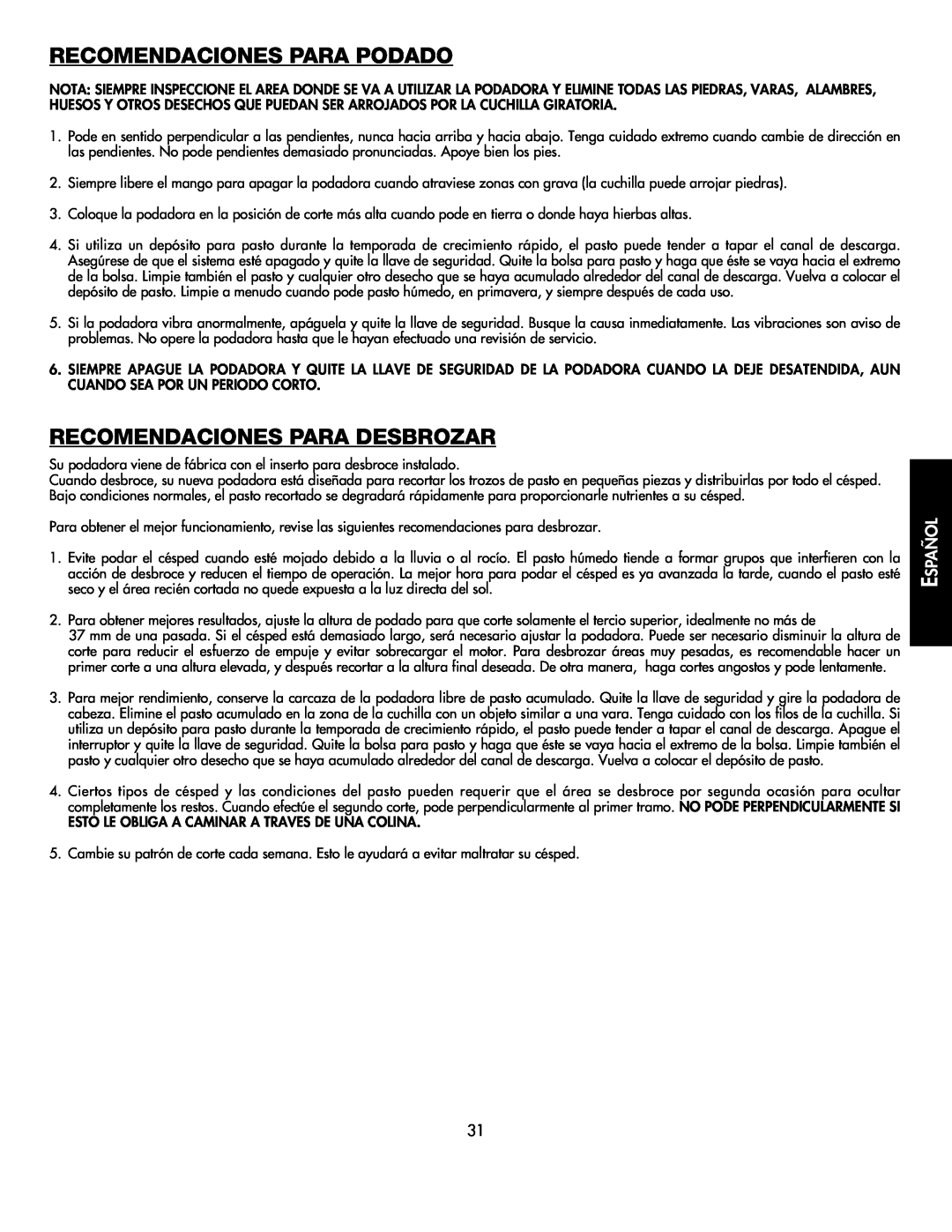 Black & Decker CMM1000 instruction manual Recomendaciones Para Podado, Recomendaciones Para Desbrozar, Español 