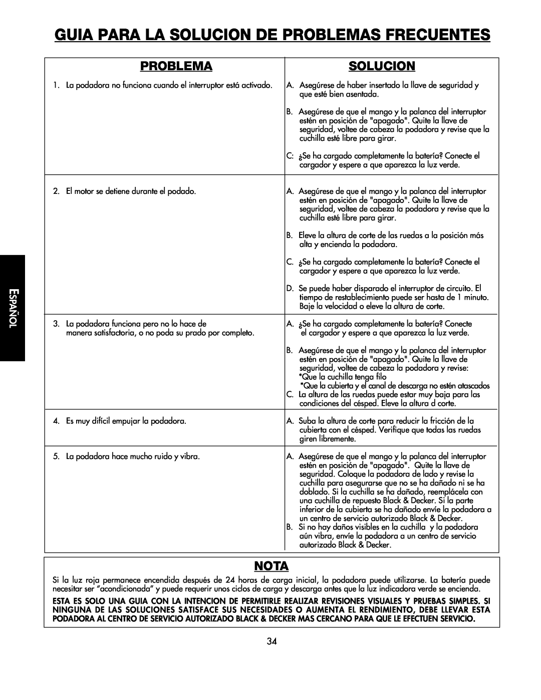 Black & Decker CMM1000 instruction manual Guia Para La Solucion De Problemas Frecuentes, Nota, Español 