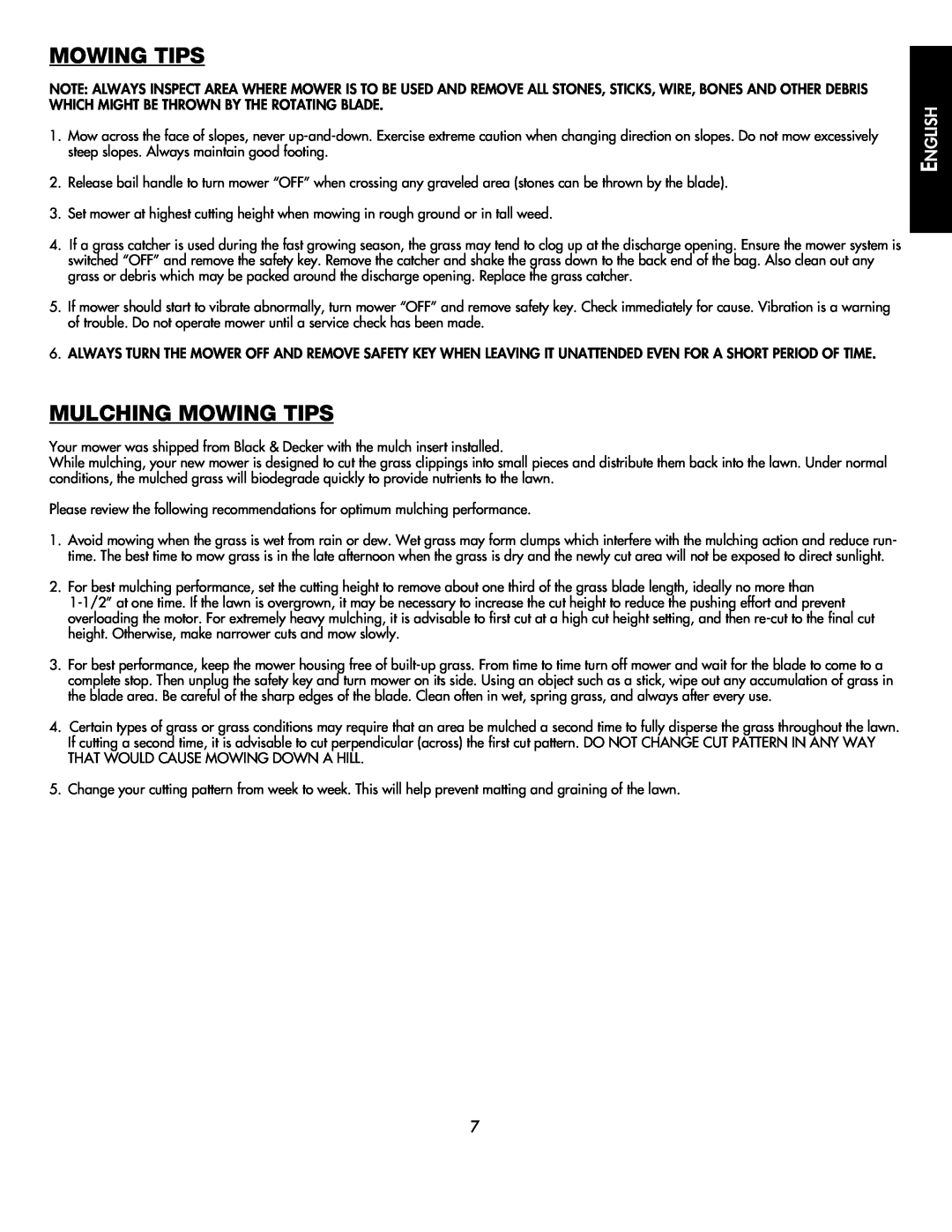 Black & Decker CMM1000 instruction manual Mulching Mowing Tips, English 