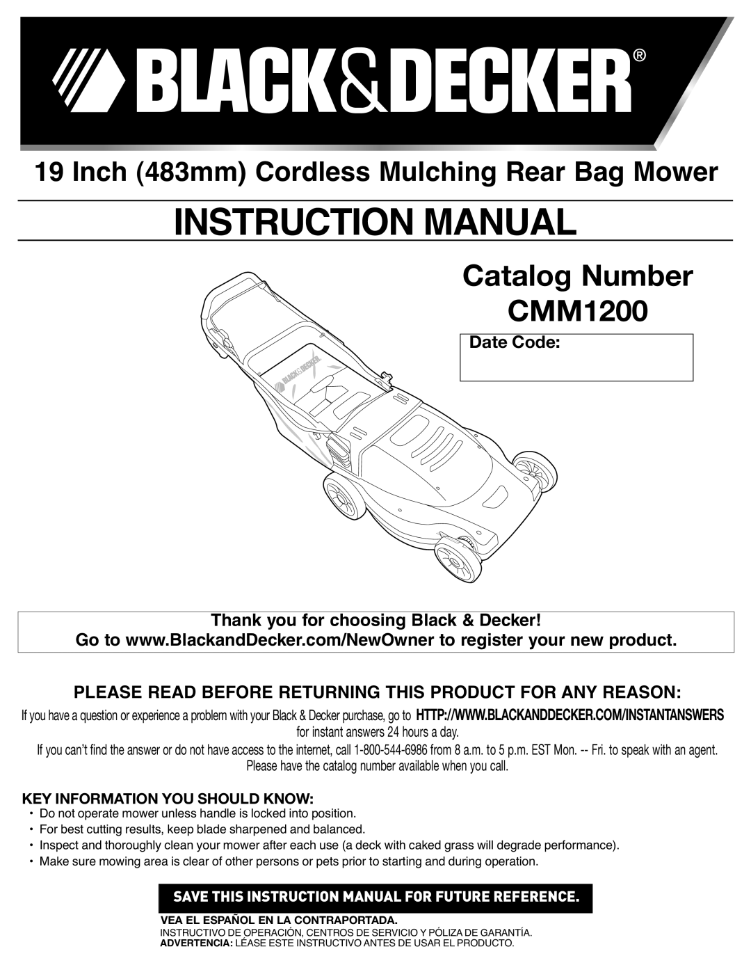 Black & Decker CMM1200 instruction manual Instructionmanual, Please Read Before Returning this Product for ANY Reason 