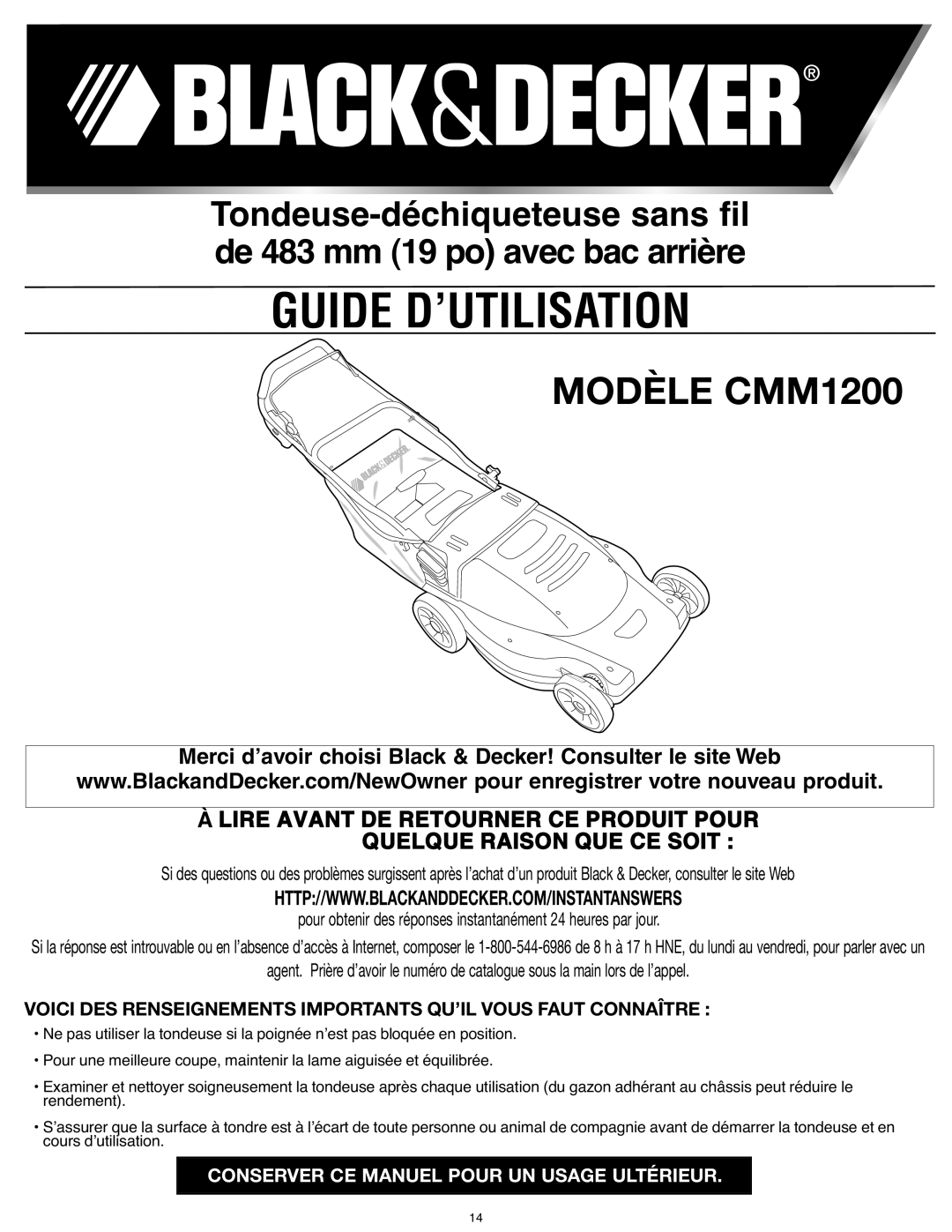 Black & Decker CMM1200 instruction manual Guide D’UTILISATION 