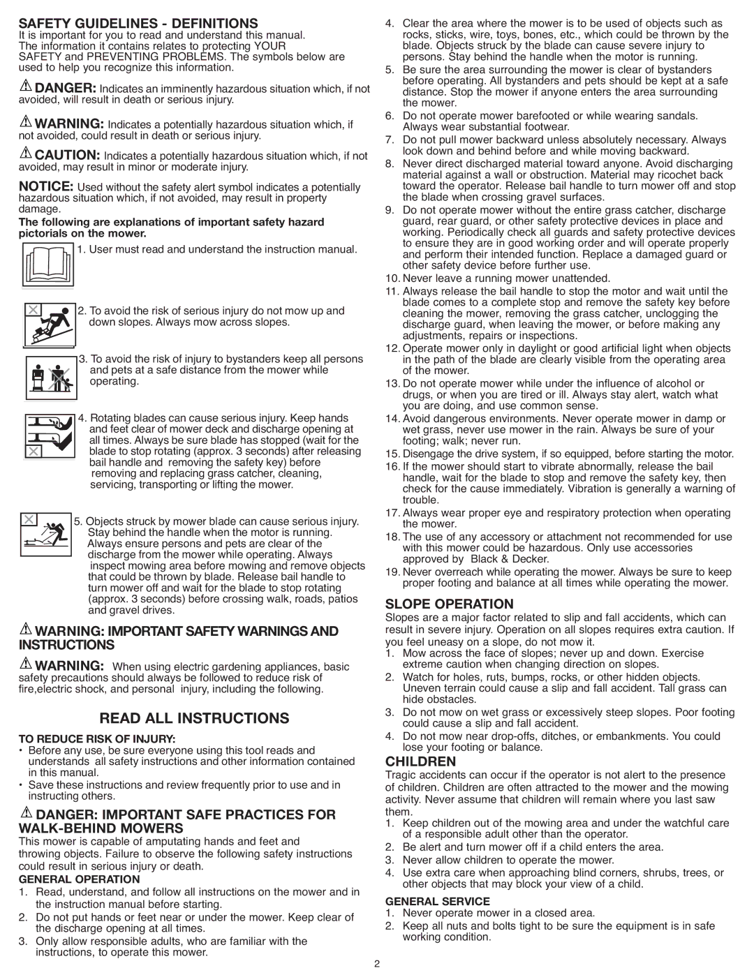 Black & Decker CMM1200 instruction manual Read ALL Instructions, WALK-BEHIND Mowers, General Operation 