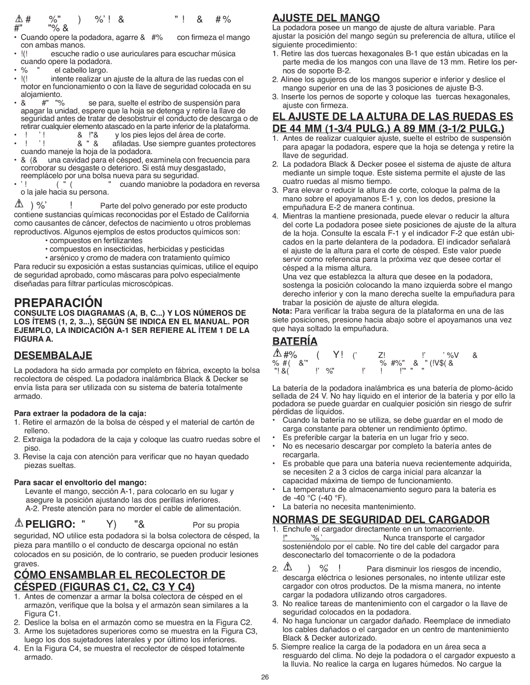 Black & Decker CMM1200 Preparación, Desembalaje, Ajuste DEL Mango, Batería, Normas DE Seguridad DEL Cargador 