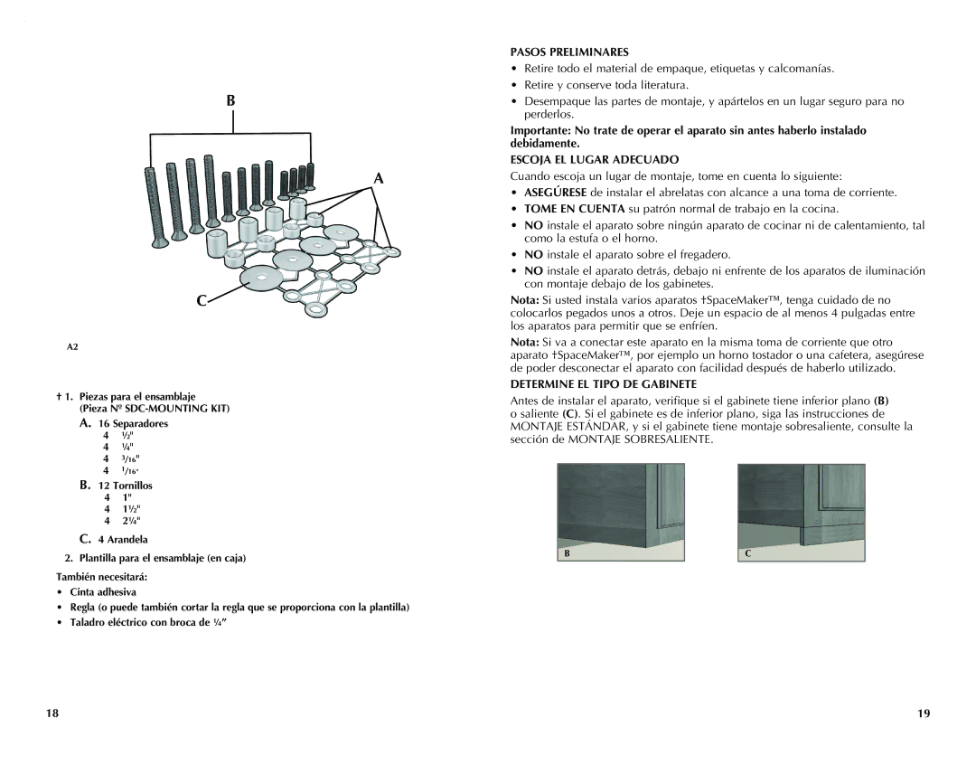 Black & Decker CO95, CO100WM, CO100B manual Pasos Preliminares, Escoja EL Lugar Adecuado, Determine EL Tipo DE Gabinete 