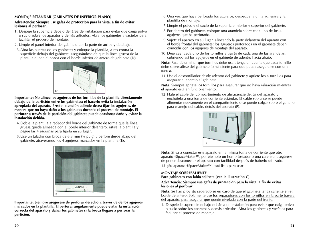 Black & Decker CO100B, CO100WM, CO95 manual Montaje Estándar Gabinetes DE Inferior Plano, Montaje Sobresaliente 