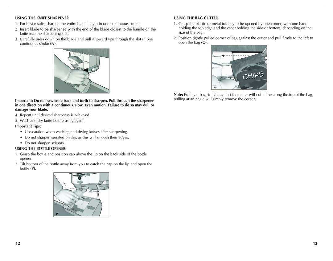 Black & Decker CO100B, CO100WM, CO95 manual Using the Knife Sharpener, Using the Bottle Opener, Using the BAG Cutter 