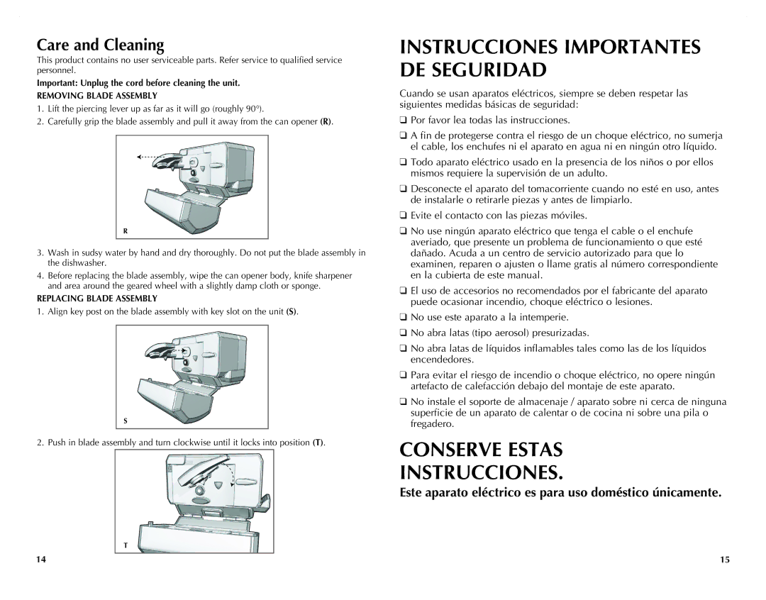 Black & Decker CO100WM Care and Cleaning, Important Unplug the cord before cleaning the unit, Removing Blade Assembly 