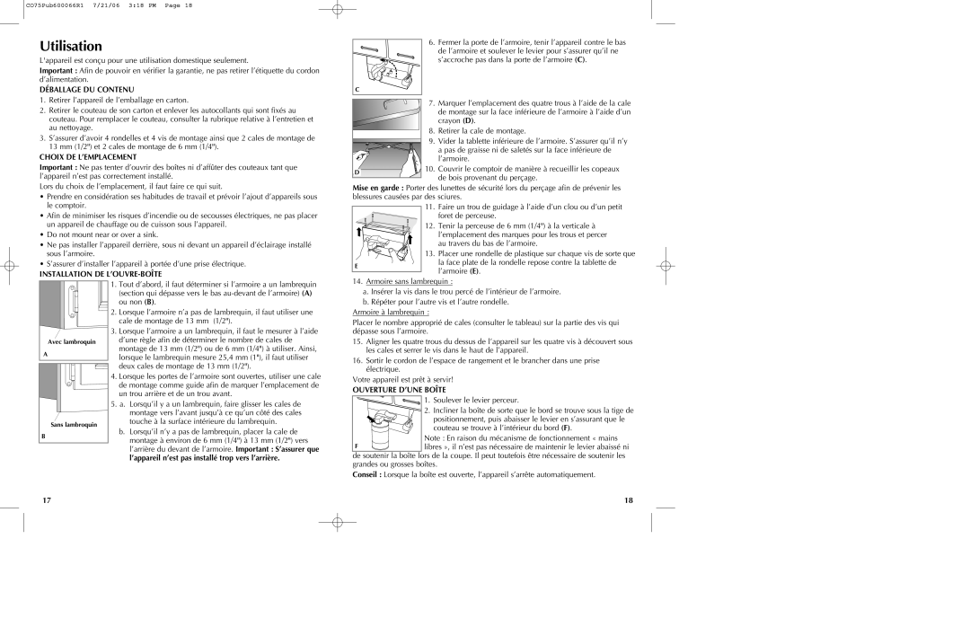 Black & Decker CO75, CO85BM manual Utilisation, Déballage DU Contenu, Choix DE L’EMPLACEMENT, Installation DE L’OUVRE-BOÎTE 