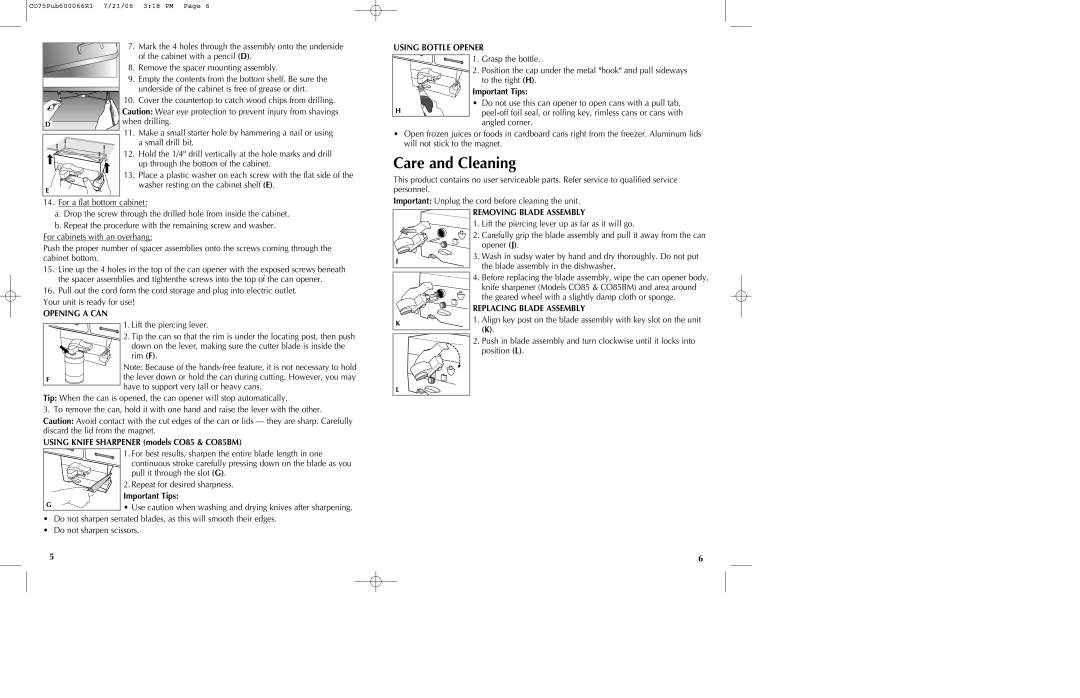 Black & Decker CO75, CO85BM manual Care and Cleaning, Using Bottle Opener, Removing Blade Assembly, Replacing Blade Assembly 