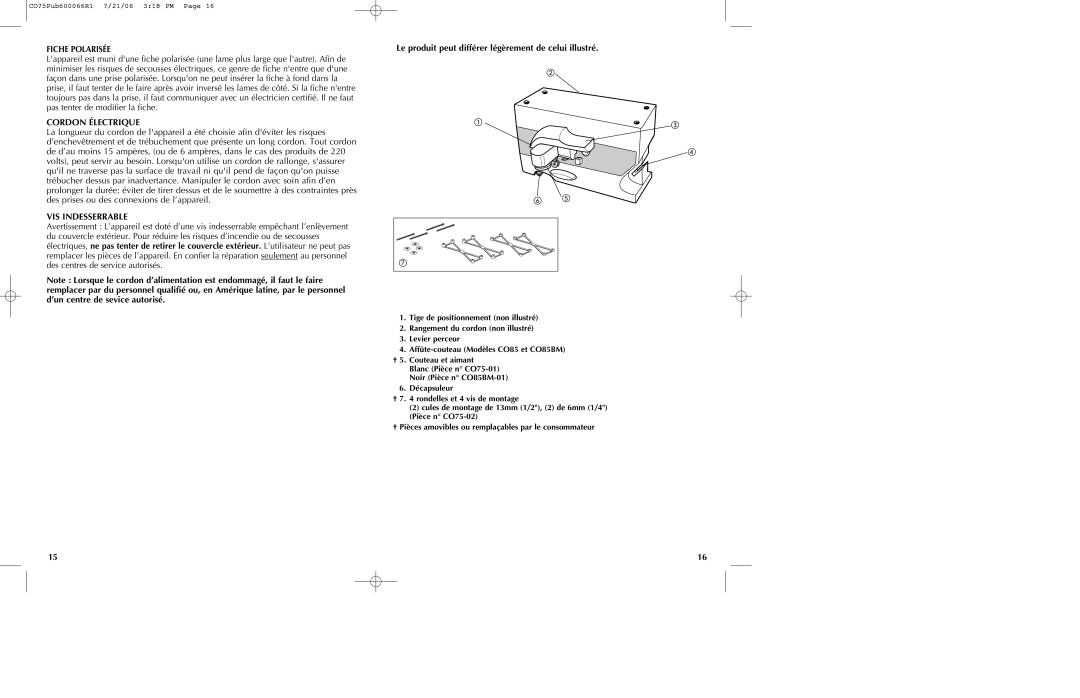 Black & Decker CO85BM, CO75 Cordon Électrique, VIS Indesserrable, Le produit peut différer légèrement de celui illustré 