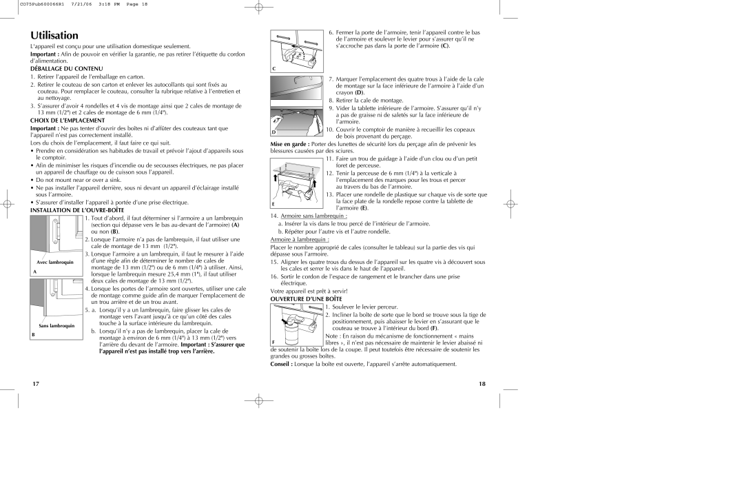 Black & Decker CO75, CO85BM manual Utilisation, Déballage Du Contenu, Choix De L’Emplacement, Installation De L’Ouvre-Boîte 