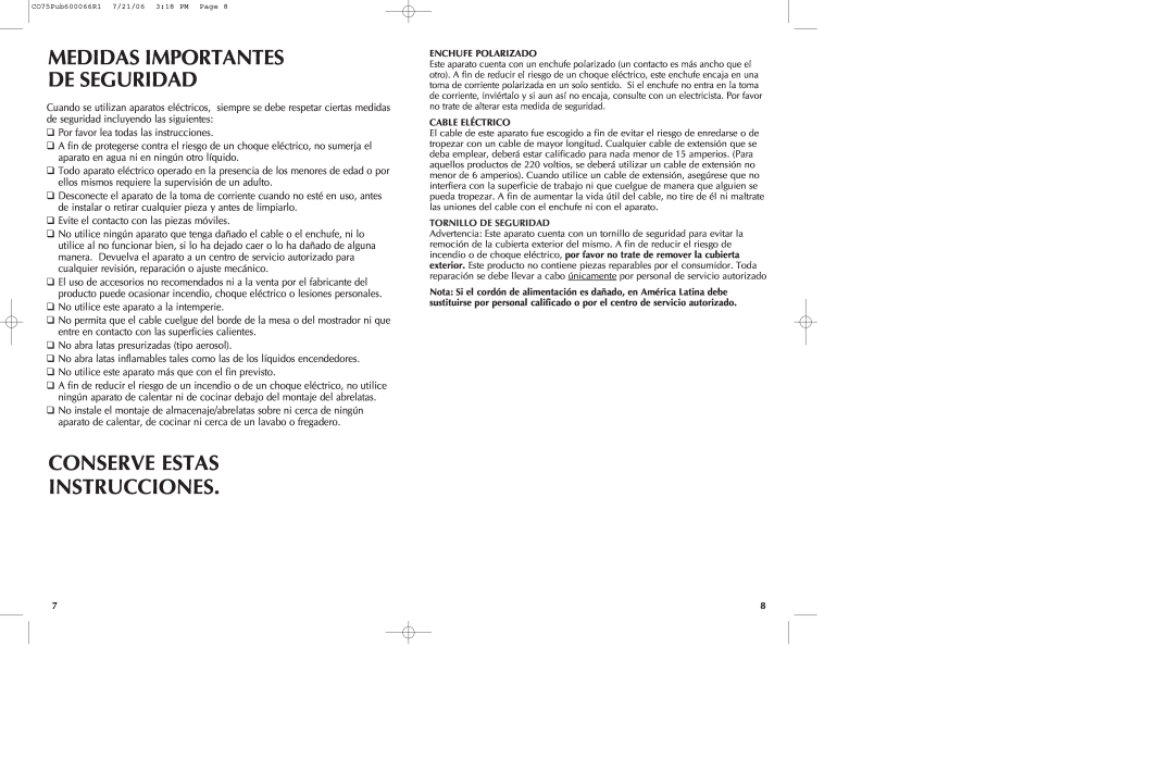 Black & Decker CO85BM, CO75 manual Medidas Importantes De Seguridad, Conserve Estas Instrucciones 