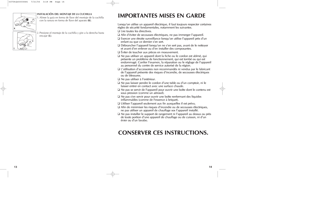 Black & Decker CO85BM, CO75 manual Importantes Mises En Garde, Conserver Ces Instructions 