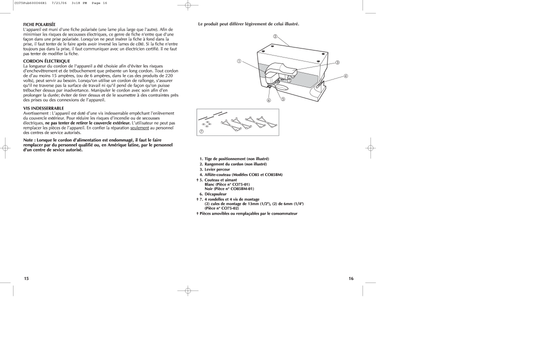 Black & Decker CO85BM, CO75 manual Cordon Électrique, Vis Indesserrable 