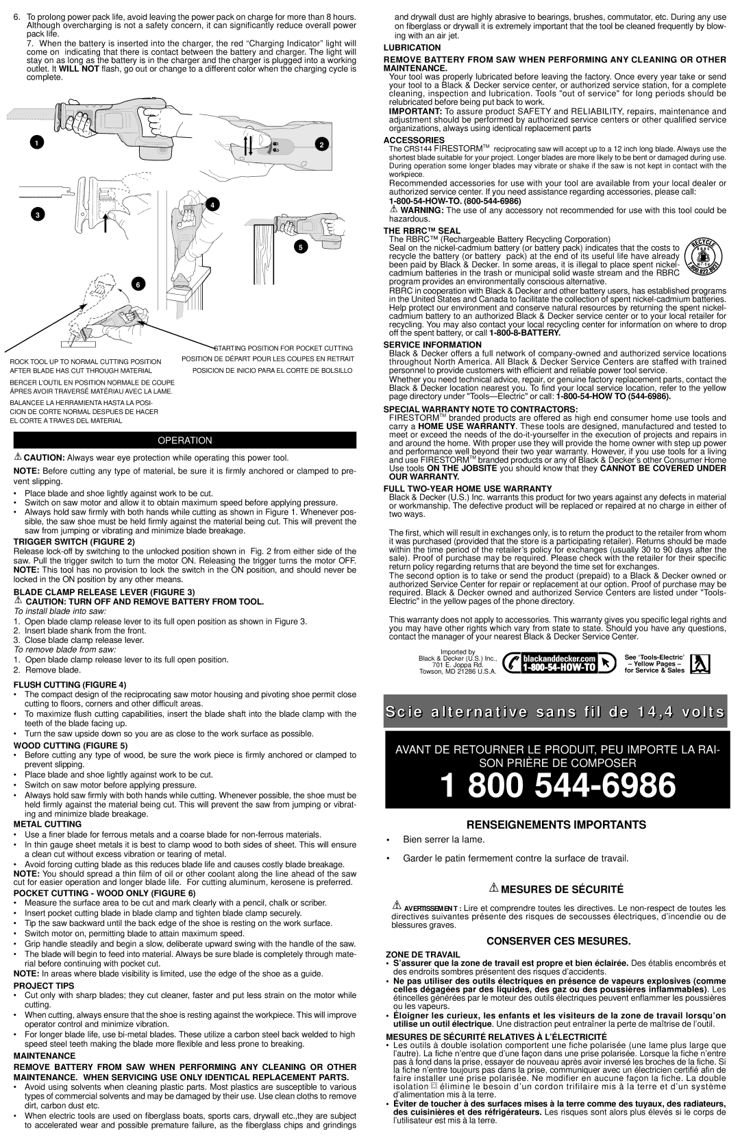 Black & Decker CRS144 instruction manual Mesures DE SÉ Curité, Conserver CES Mesures 