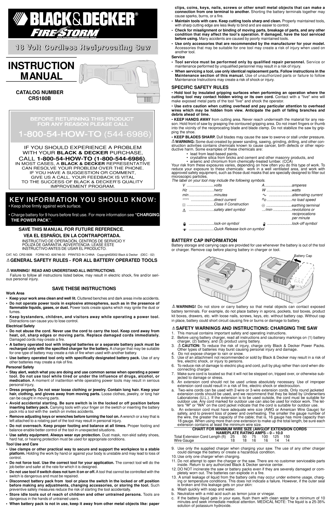 Black & Decker CRS180B instruction manual General Safety Rules for ALL Battery Operated Tools, Specific Safety Rules 