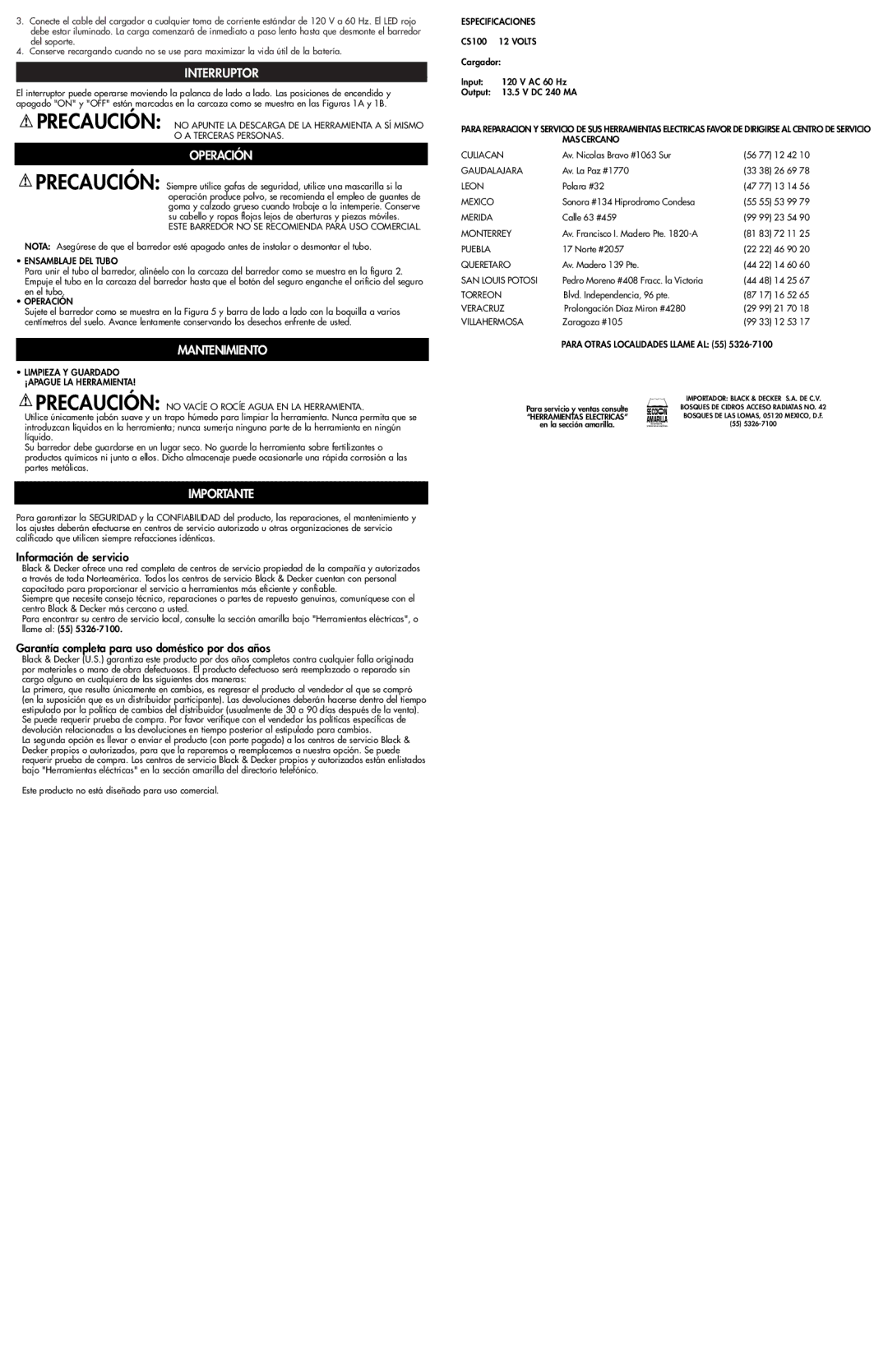 Black & Decker CS100 instruction manual Interruptor, Operación, Mantenimiento, Importante 