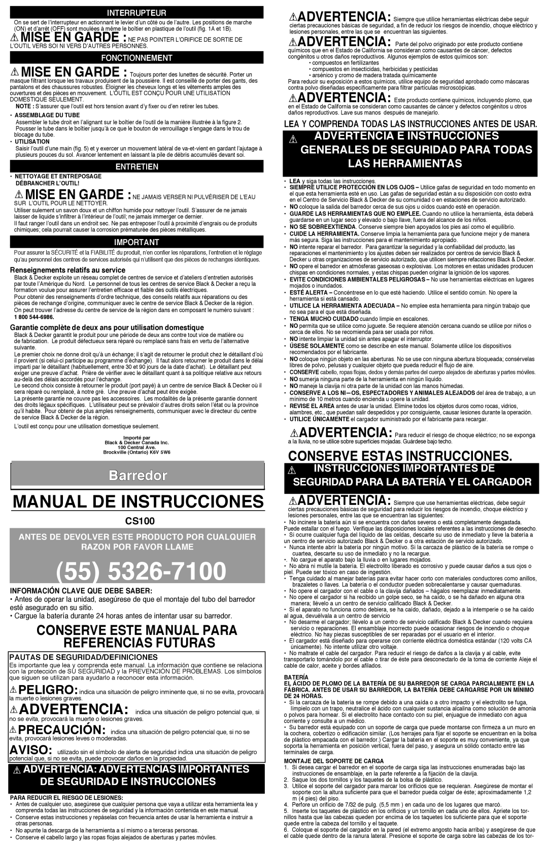 Black & Decker CS100 instruction manual Interrupteur, Fonctionnement, Entretien 