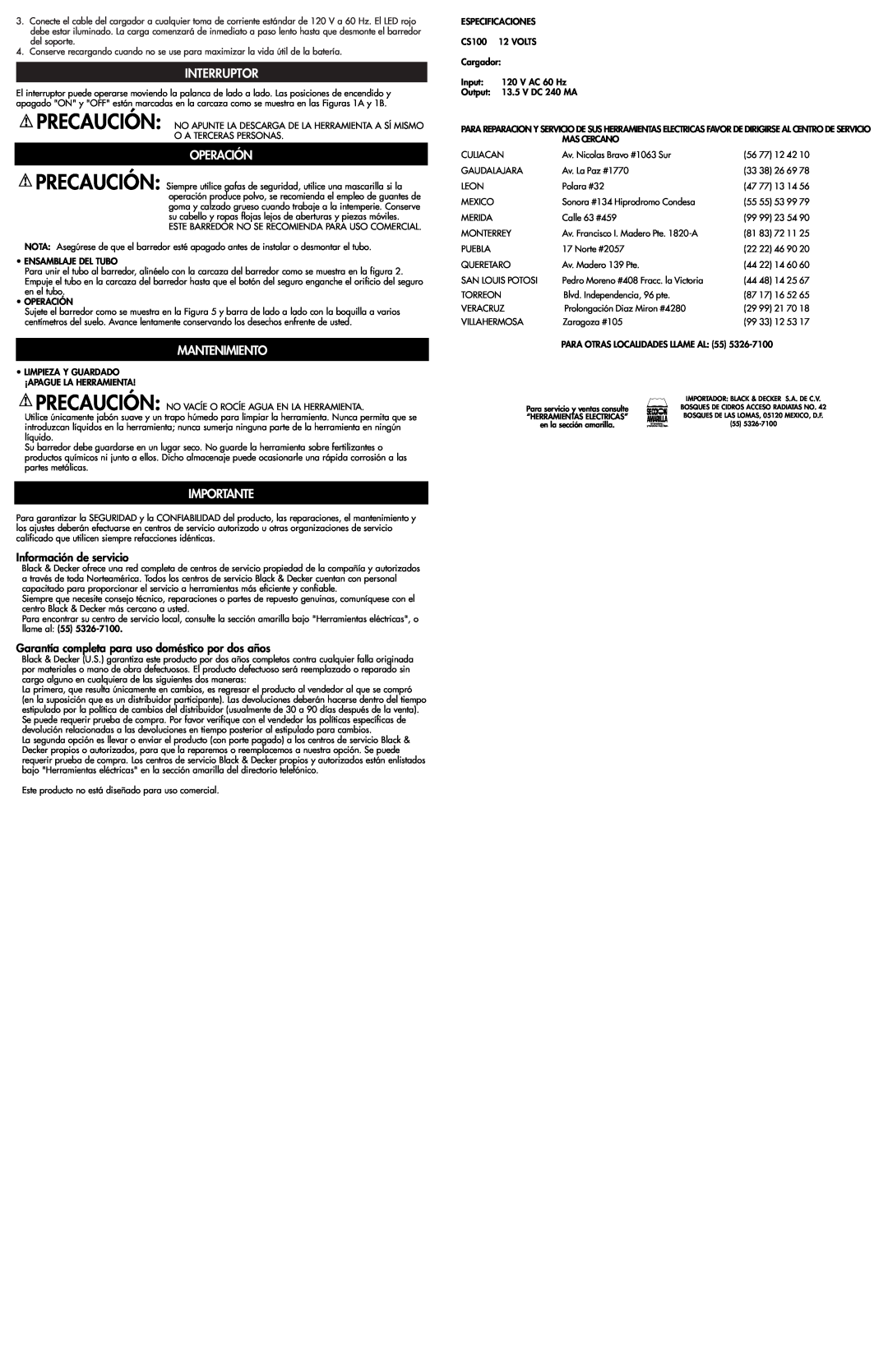Black & Decker CS100 instruction manual Interruptor, Operación, Mantenimiento, Importante, Información de servicio 