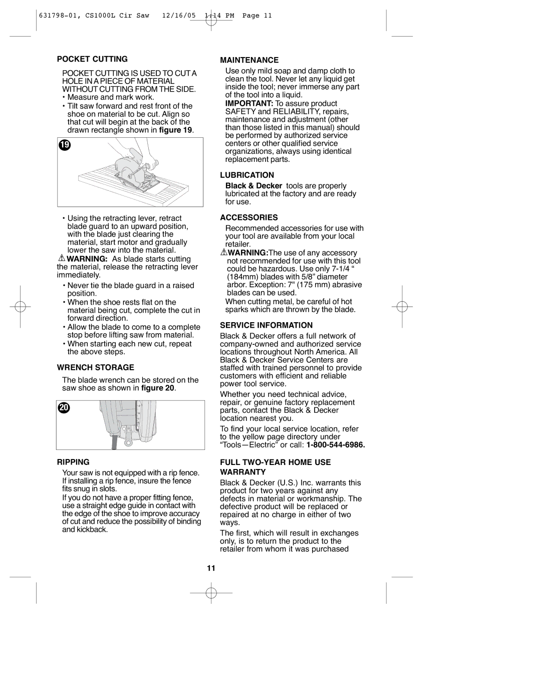 Black & Decker CS1000L Pocket Cutting, Wrench Storage, Ripping, Maintenance, Lubrication, Accessories, Service Information 