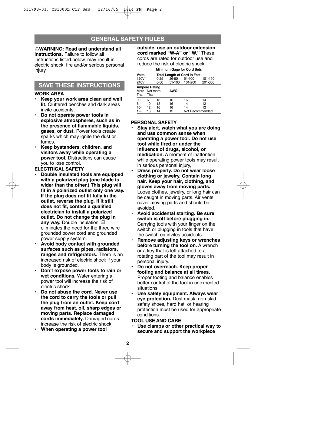 Black & Decker CS1000L instruction manual General Safety Rules, Work Area 