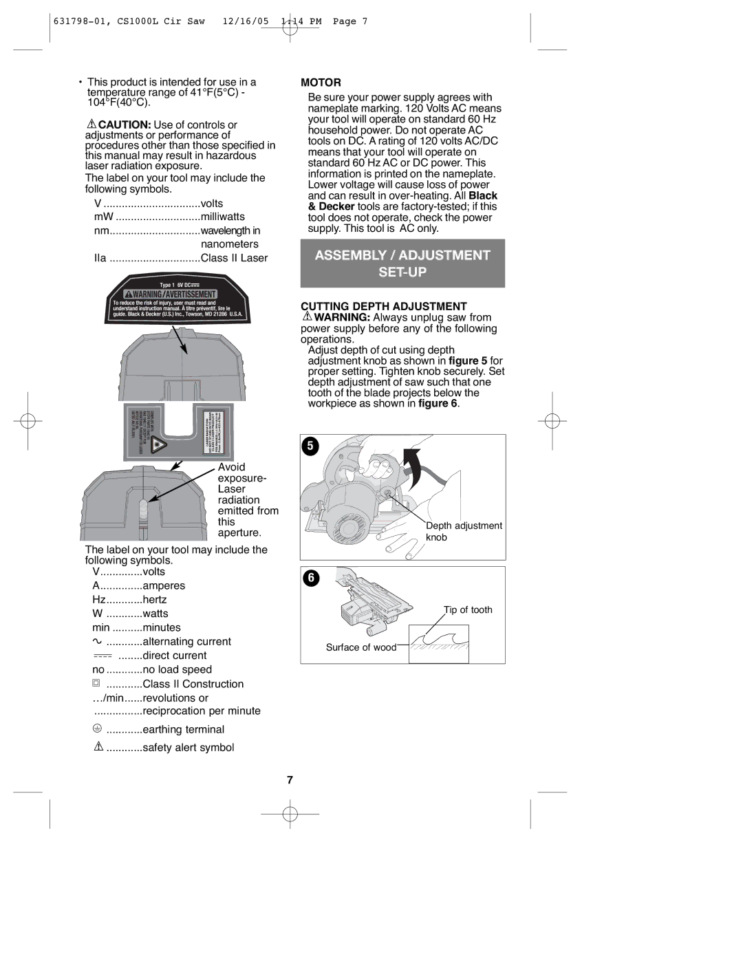 Black & Decker CS1000L instruction manual Assembly / Adjustment SET-UP, Motor, Cutting Depth Adjustment 