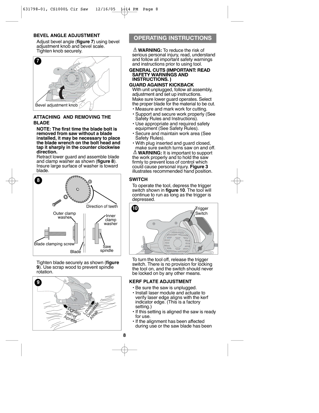 Black & Decker CS1000L Operating Instructions, Bevel Angle Adjustment, Attaching and Removing the Blade, Switch 