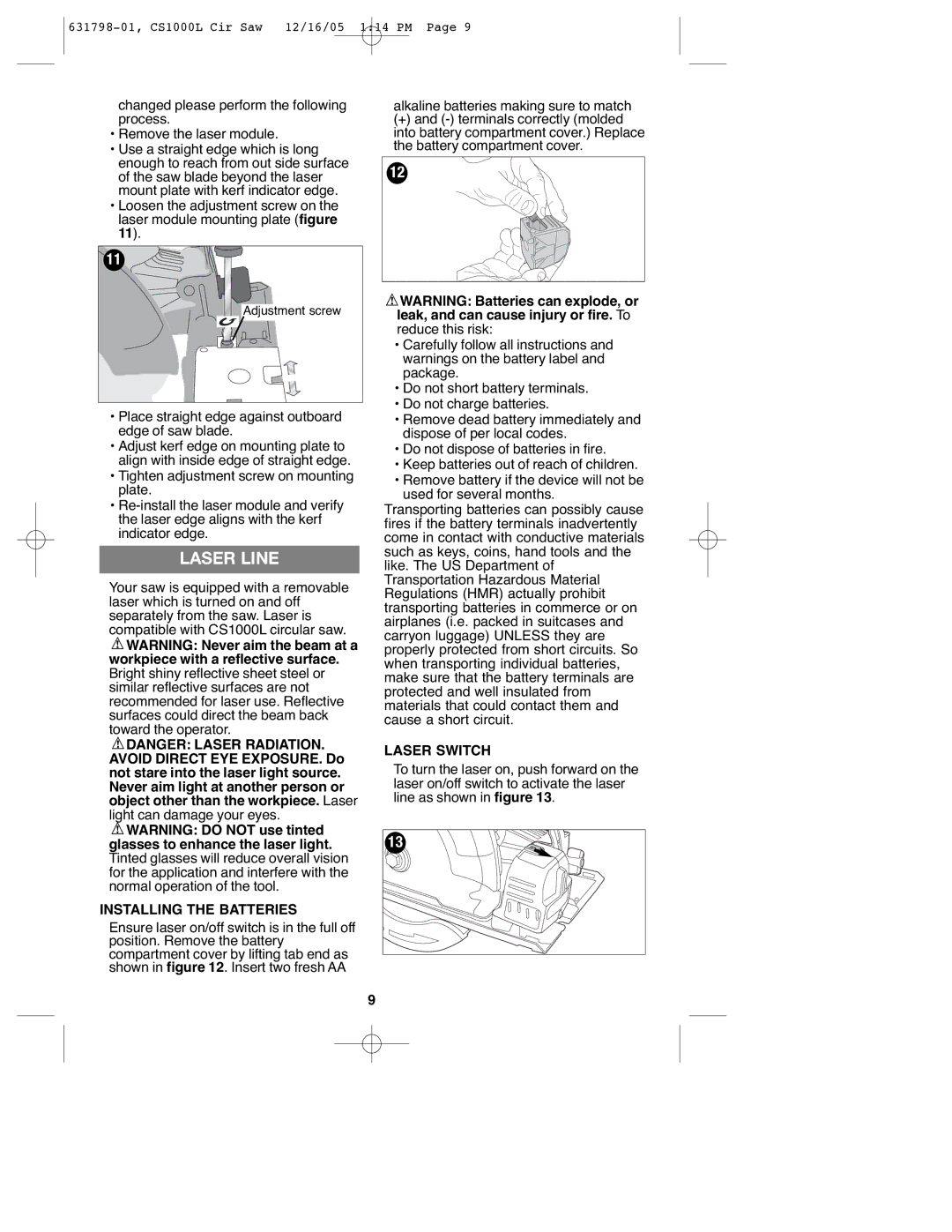 Black & Decker CS1000L instruction manual Laser Line, Installing the Batteries, Laser Switch 