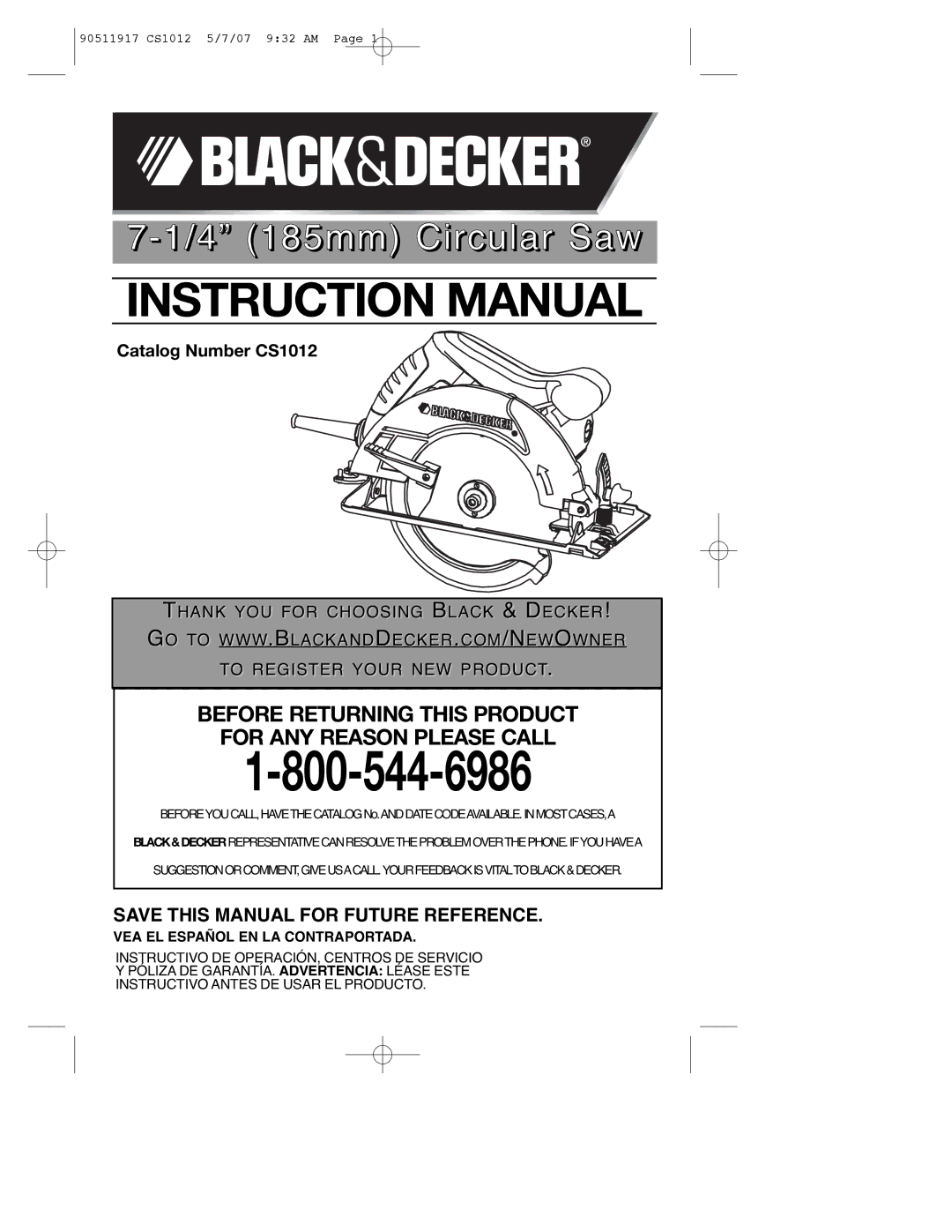 Black & Decker CS1012 instruction manual 4 185mm Circular Saw, VEA EL Español EN LA Contraportada 