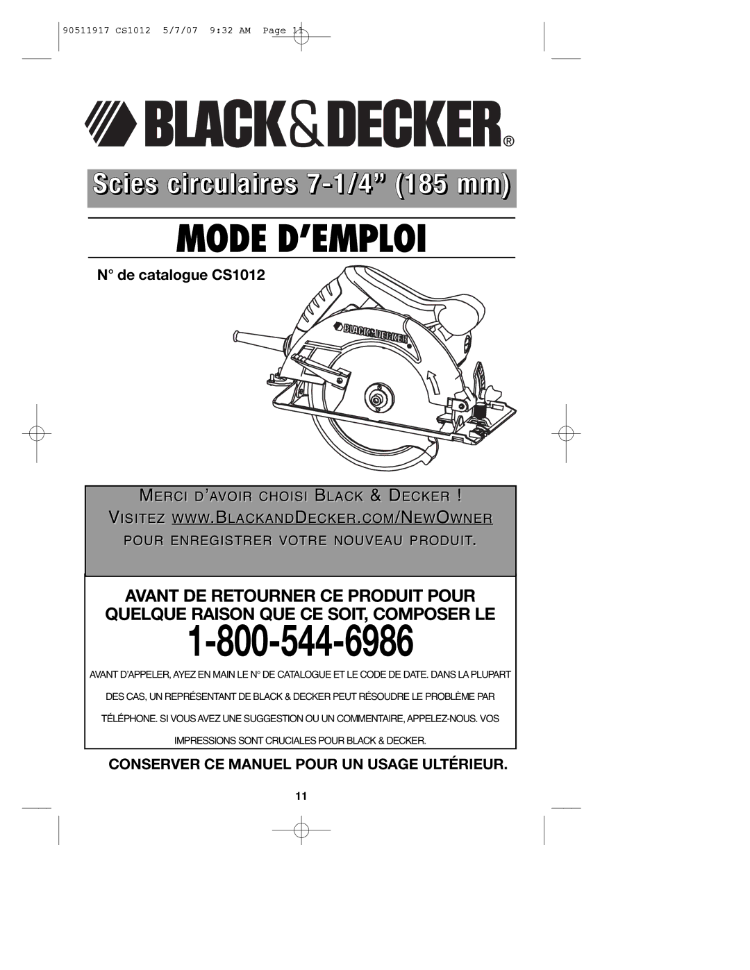 Black & Decker CS1012 instruction manual Mode D’EMPLOI 