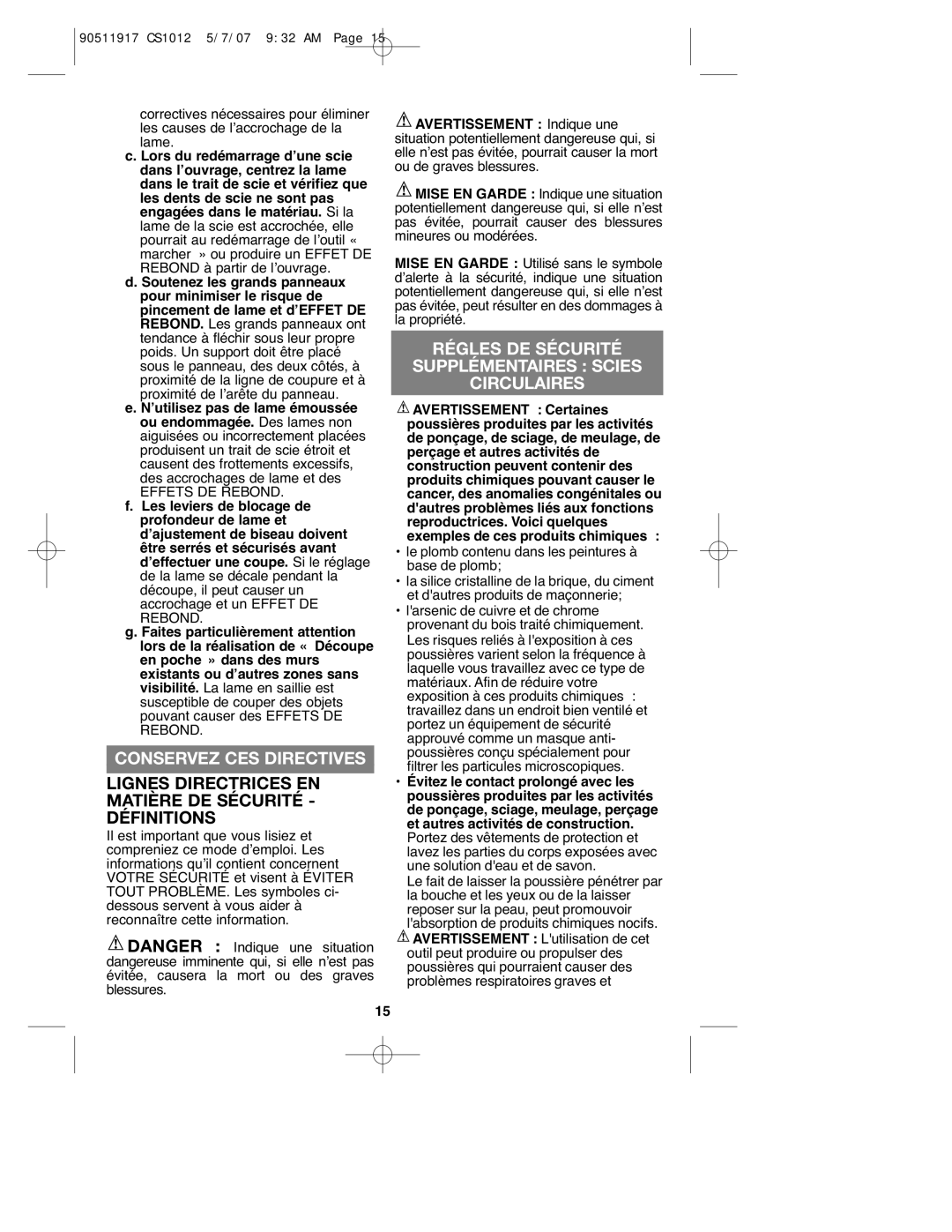 Black & Decker CS1012 instruction manual Conservez CES Directives, Régles DE Sécurité Supplémentaires Scies Circulaires 