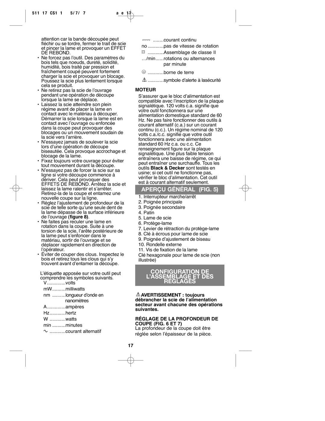 Black & Decker CS1012 instruction manual Aperçu Général FIG, Configuration DE ’ASSEMBLAGE ET DES Réglages, Moteur 